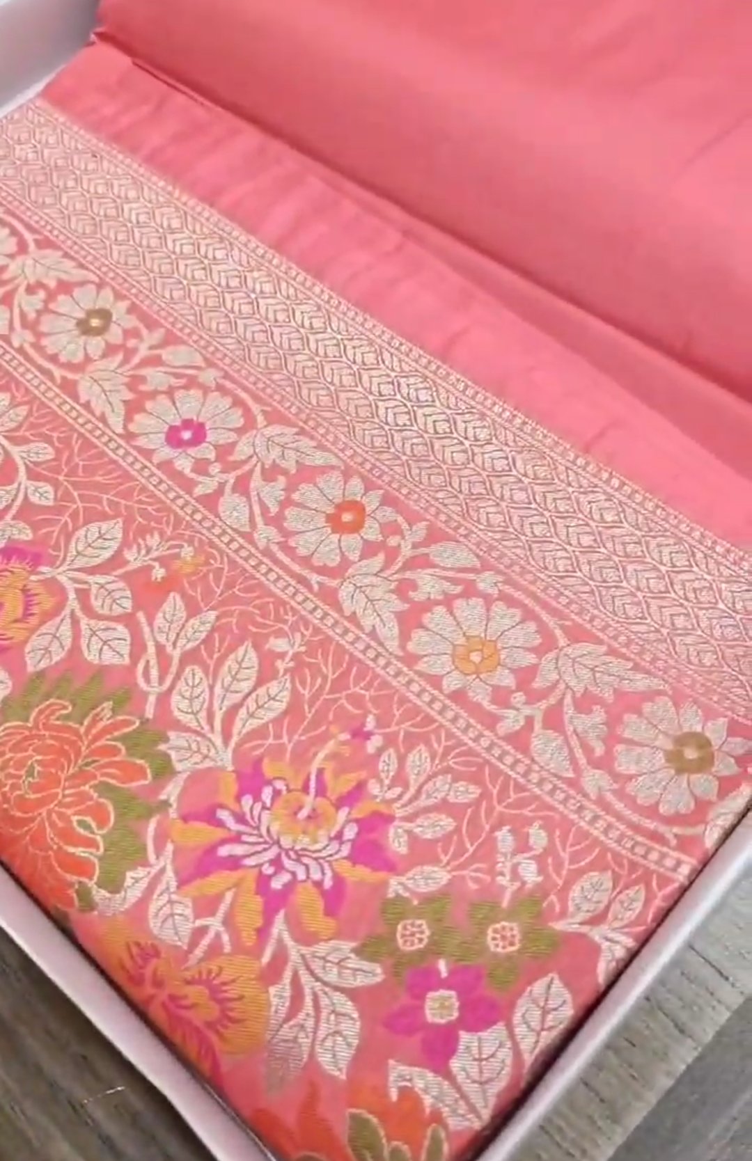 Peach Banarasi Semi Katan Silk Tilfi Meenakari Saree