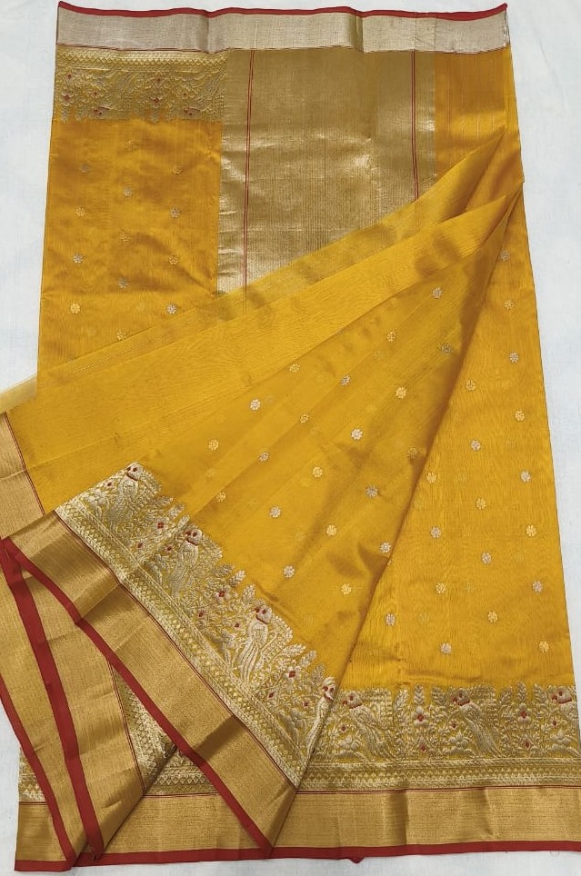 Golden Yellow Handloom Pattu Silk Meenakari Handwork Saree