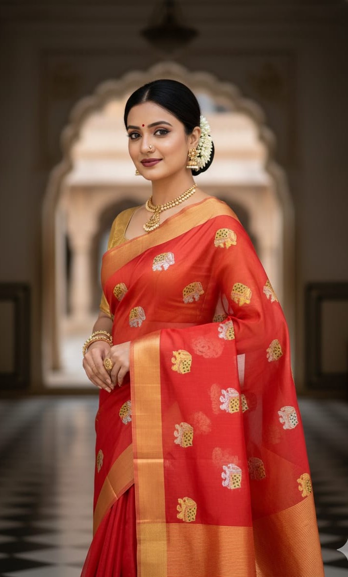 Chilly Red Chanderi Handloom Pattu Silk Eknal Buttas Saree