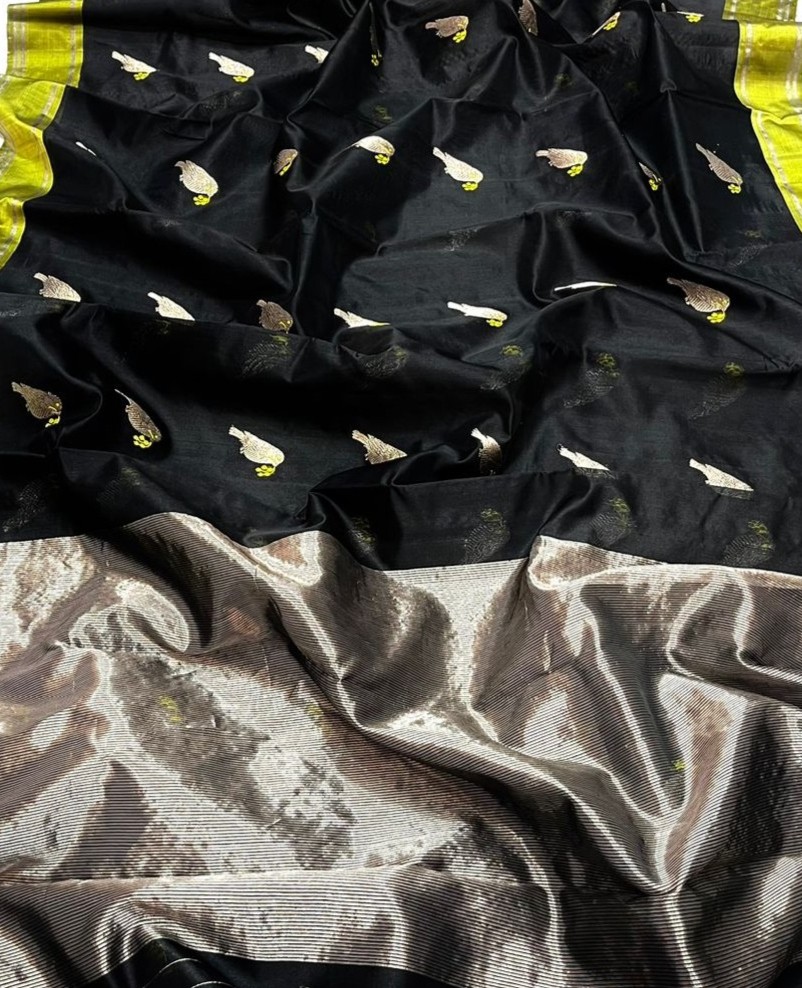 Black Chanderi Handloom Pattu Silk Eknal Buttas Saree