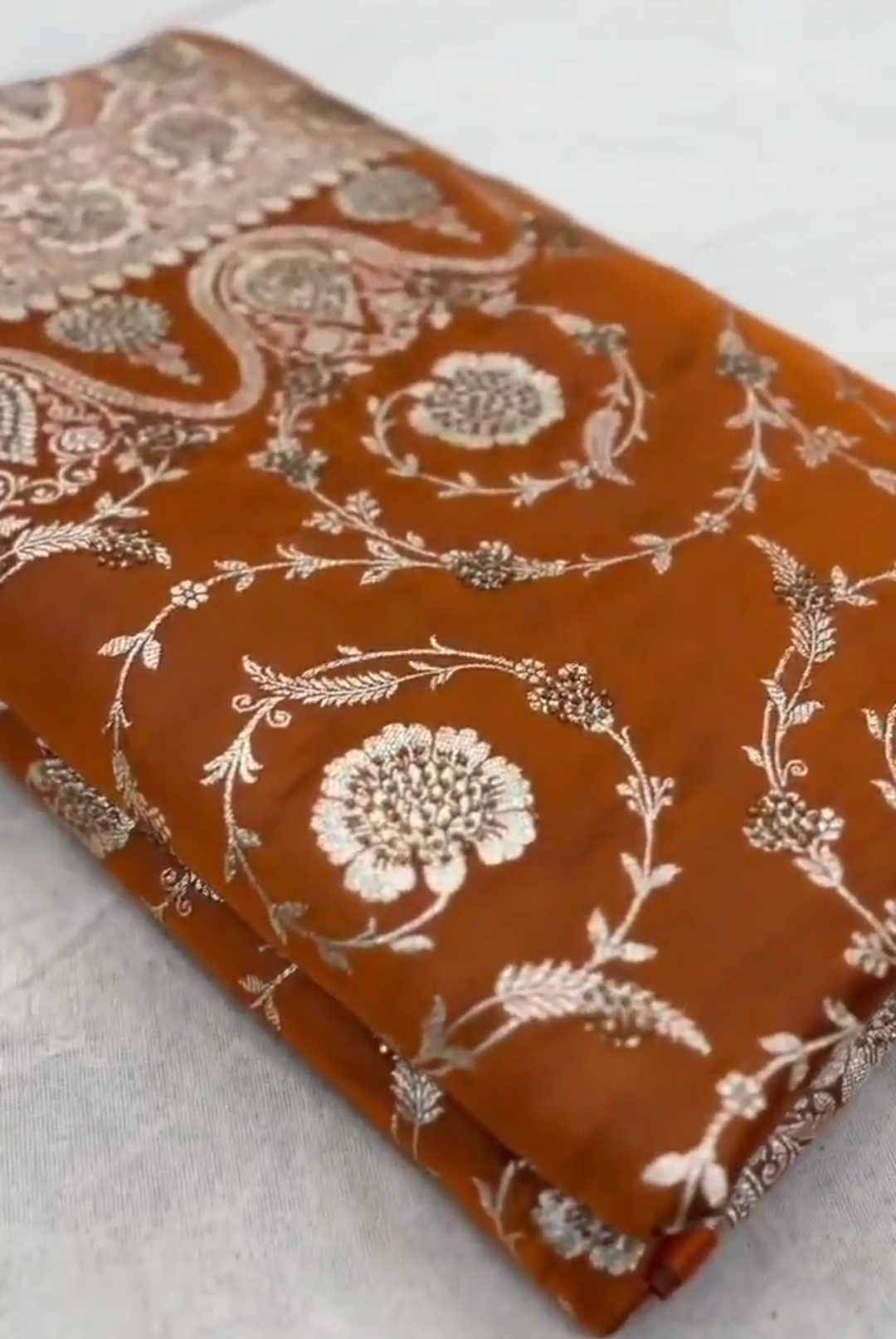 Orange Banarasi Satin Katan Silk Swarovski Jangla Saree