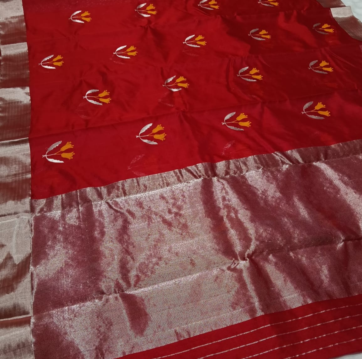 Red Chanderi Handloom Pattu Silk Eknal Buttas Meenakari Saree
