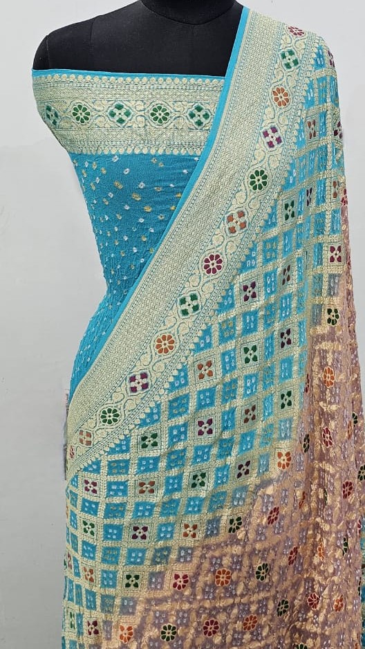 Turquoise Banarasi Handloom Gold Zari Bandhani Georgette Silk Saree